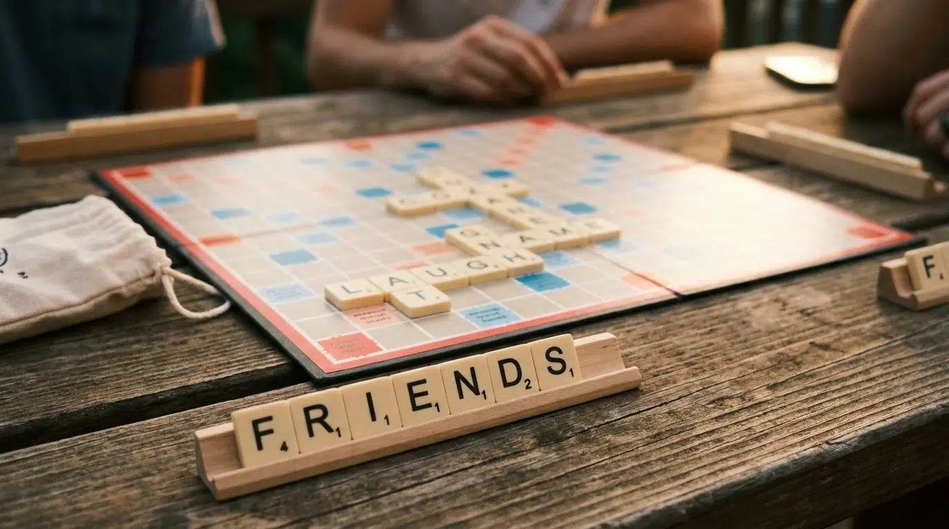 Friends playing Scrabble at a wooden table, with words on the board and a tile rack in front spelling FRIENDS