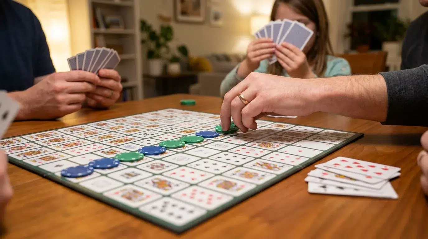 Family playing the Sequence board game, a board printed with a grid of playing cards with blue and green chips on it, players holding cards and a discard pile beside the board