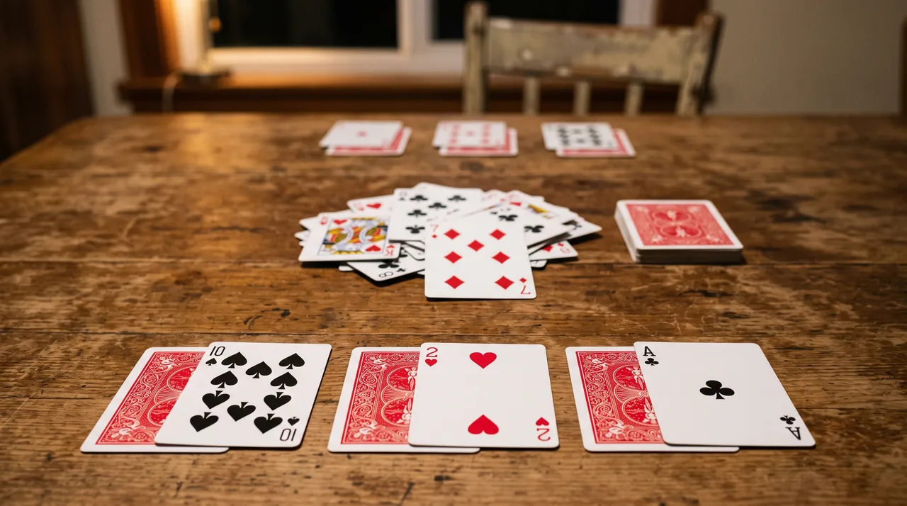 A game of Shithead on a wooden table: a row of three face-down cards with red backs, each covered by a face-up card - the ten of spades, the two of hearts and the ace of clubs - with the discard pile, topped by the seven of diamonds, and the stock behind