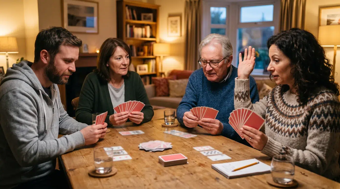 Four friends playing Shanghai rummy at a wooden dining table, each holding a hand of cards, with melds laid out, a draw pile, a discard pile and a score pad