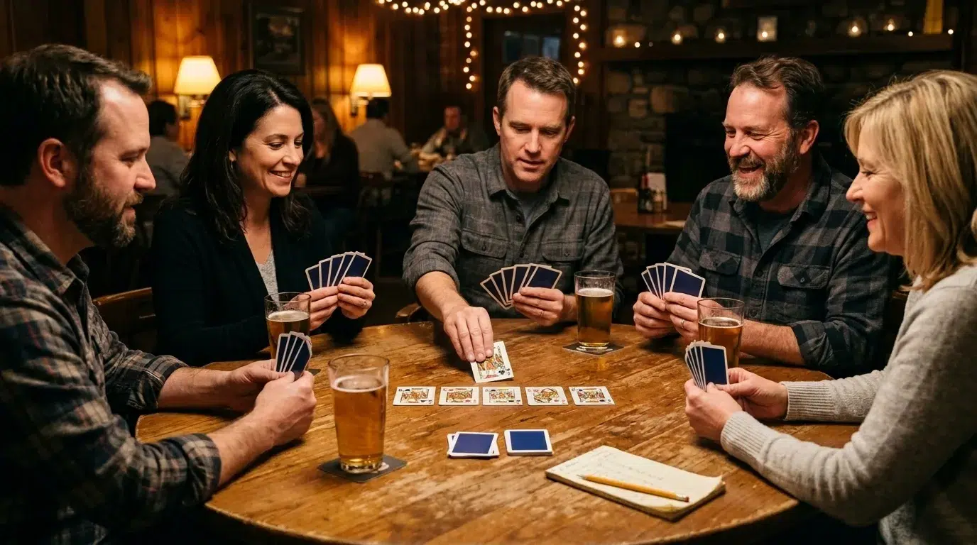 Five friends playing Sheepshead around a round wooden table in a Wisconsin tavern, each holding six cards with plain navy backs; a trick of face cards lies in the middle, two face-down cards form the blind, and a score pad and glasses of beer sit on the table