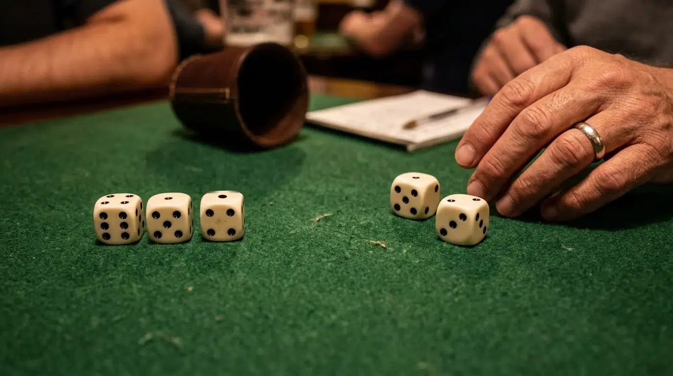 Five dice on a green felt table: a six, a five and a four set aside in a row as the ship, captain and crew, and two cargo dice just rolled beside a player&rsquo;s hand, with a leather dice cup behind