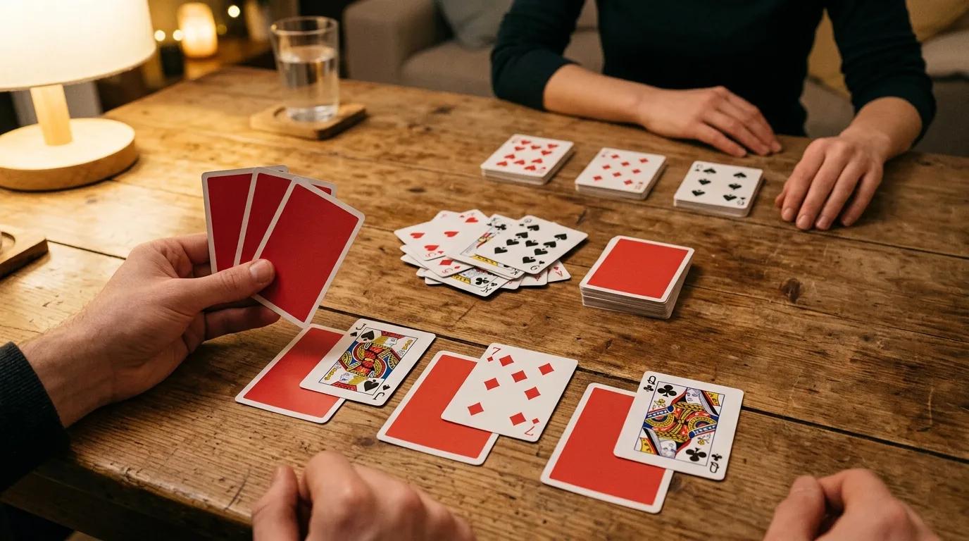 A game of Palace in progress: in front of each player three face-down cards with a face-up card on top of each, a hand of cards being held, and the discard pile and draw pile in the middle of the table