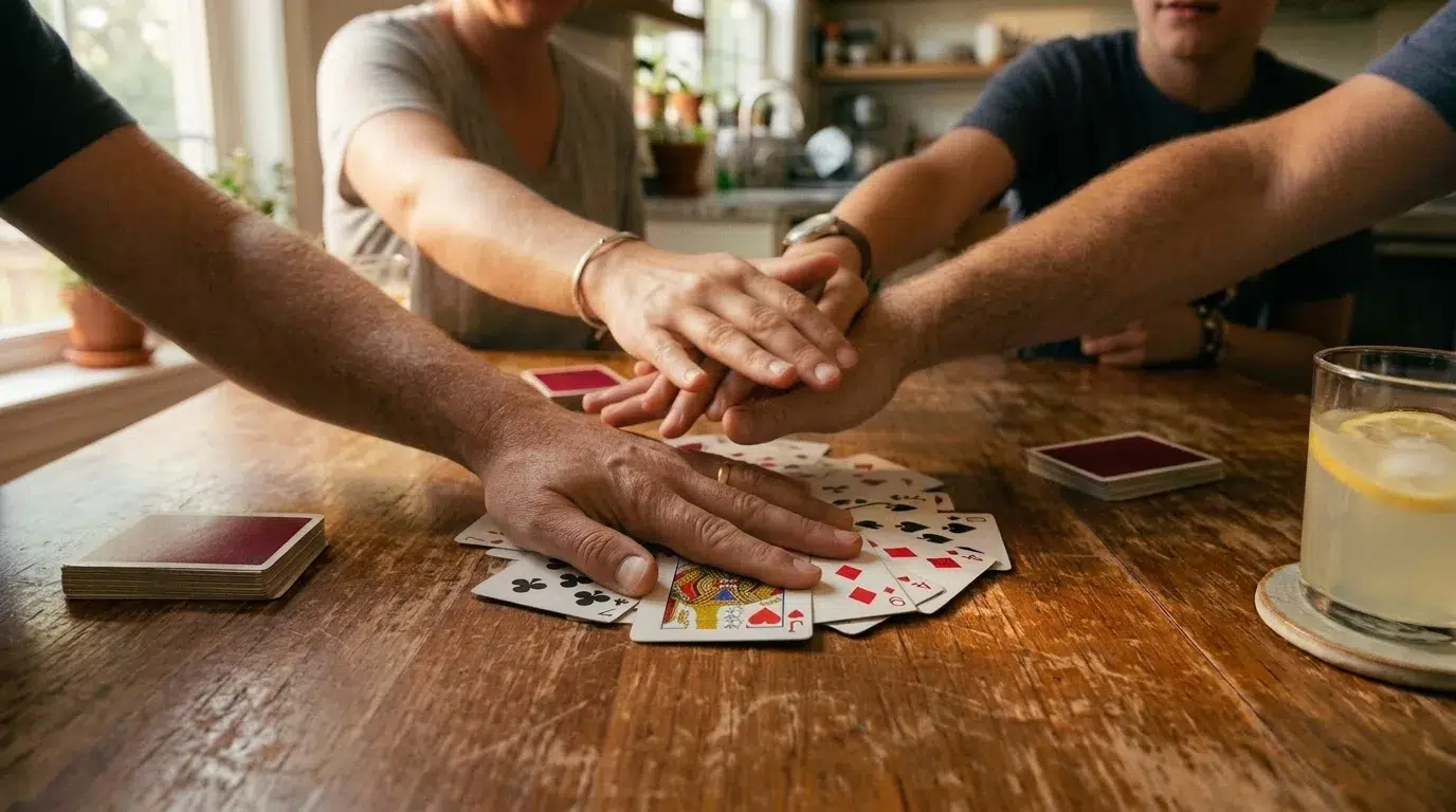 A family playing Slapjack at a kitchen table: several hands slap down on a centre pile of face-up cards with a Jack on top, while each player keeps a face-down stack in front of them