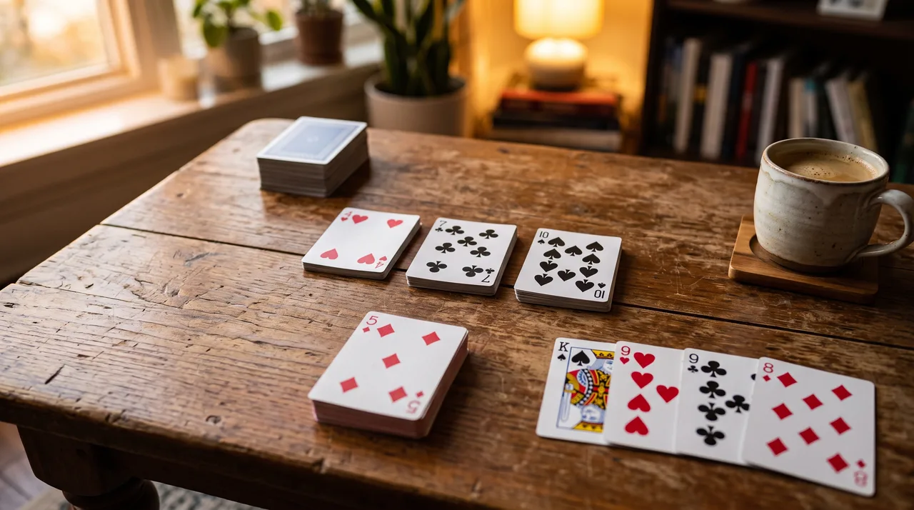 A game of Spite and Malice on a wooden table: three centre stacks showing the 4 of hearts, 7 of clubs and 10 of spades, a pay-off pile with the 5 of diamonds face up, side stacks topped by the King of spades, 9 of hearts, 9 of clubs and 8 of diamonds, and a face-down stock