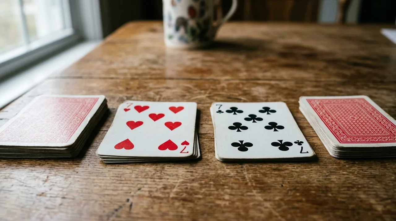 A game of Snap on a wooden table: two face-up piles side by side topped by the seven of hearts and the seven of clubs, each next to a face-down pile with red backs