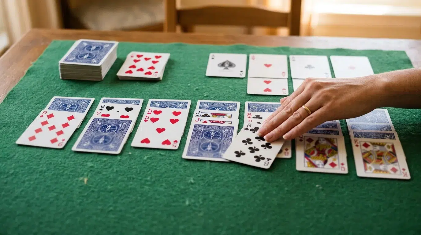 A game of solitaire in progress on a green felt table: seven tableau piles of playing cards, the stock and waste at the top left, foundations at the top right, and a hand moving a card