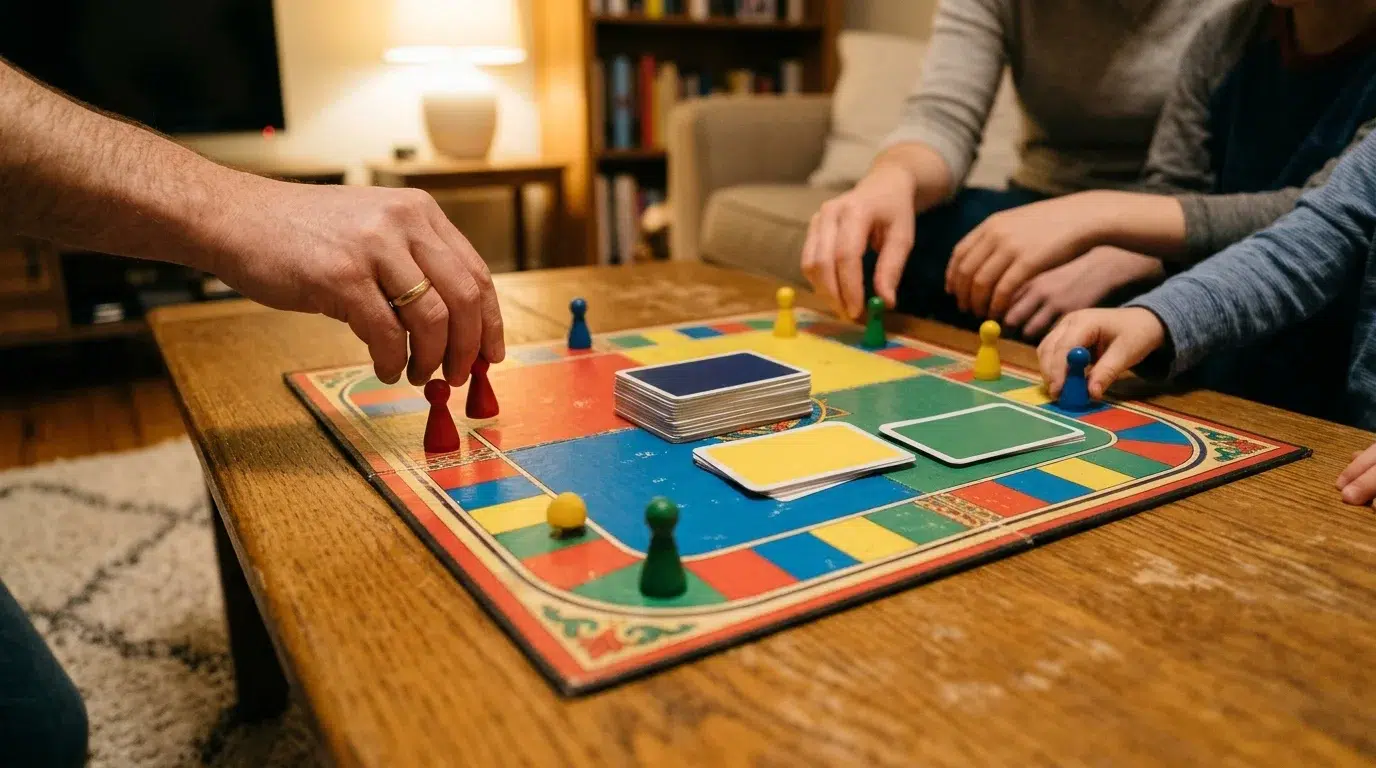 A family playing a card-driven race board game on a coffee table, with red, blue, yellow and green pawns on a square track and a deck of cards in the middle