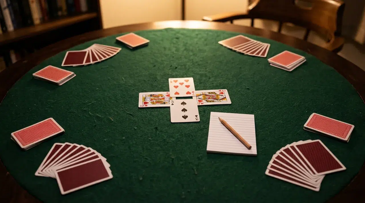 A game of Spades on green felt: a trick of four cards in the centre where a low spade has trumped three hearts, a score pad and pencil at the side, small piles of won tricks and face-down hands around the table