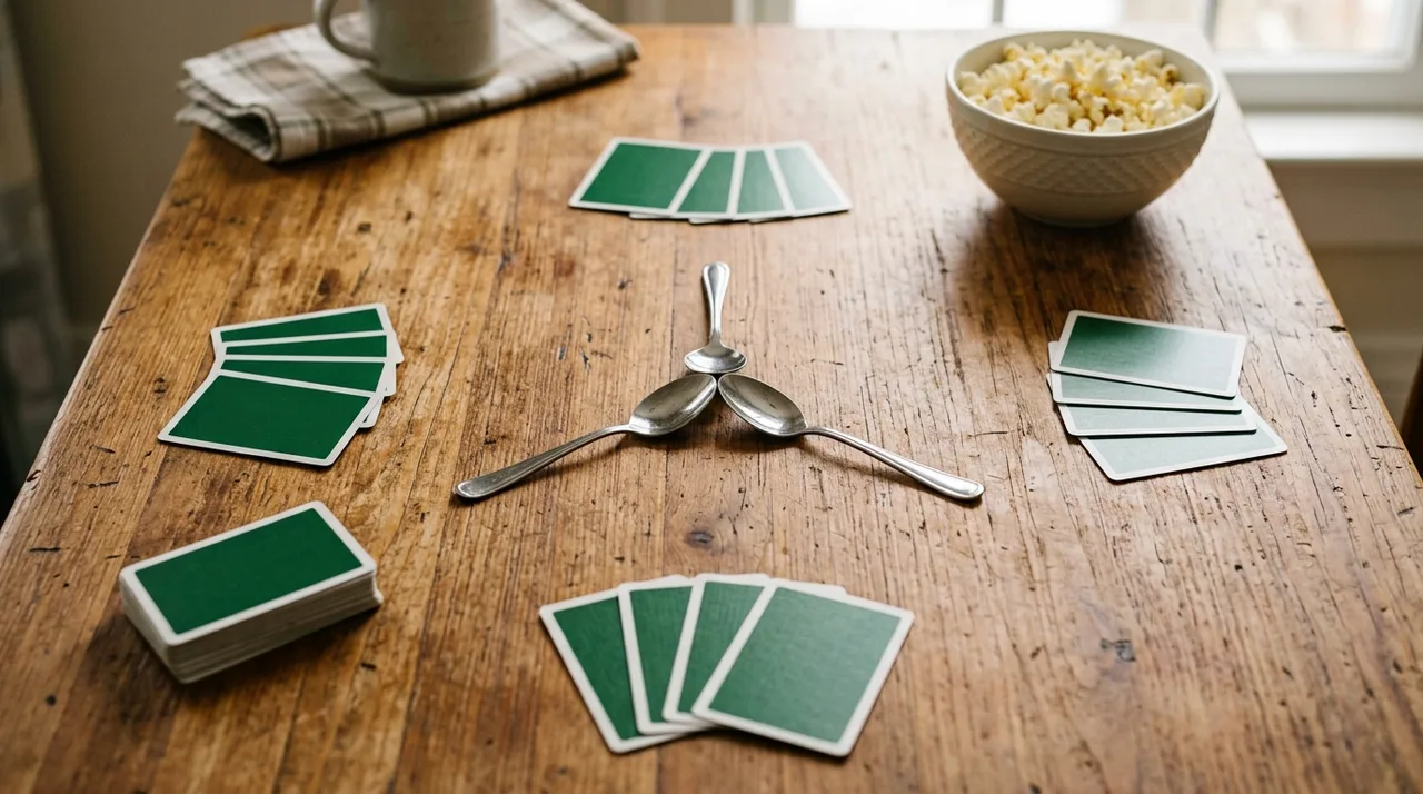 A game of Spoons ready to play on a wooden kitchen table: three teaspoons in the middle, four face-down hands of four cards around them and a small stock pile beside the dealer