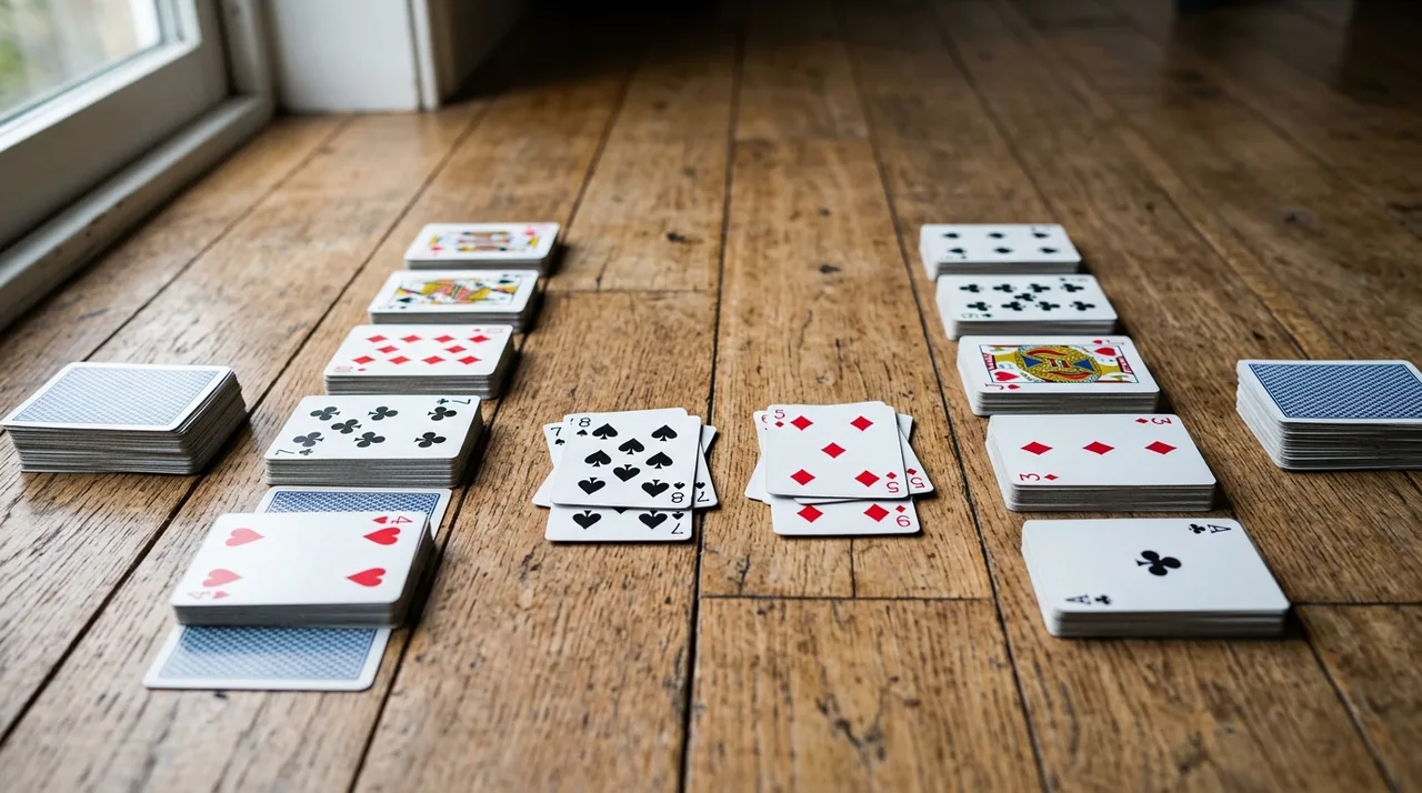 A game of Spit in progress on a wooden floor: two facing rows of stock piles with their top cards face up, and two spit piles in the middle with an 8 played on a 7 and a 5 on a 6