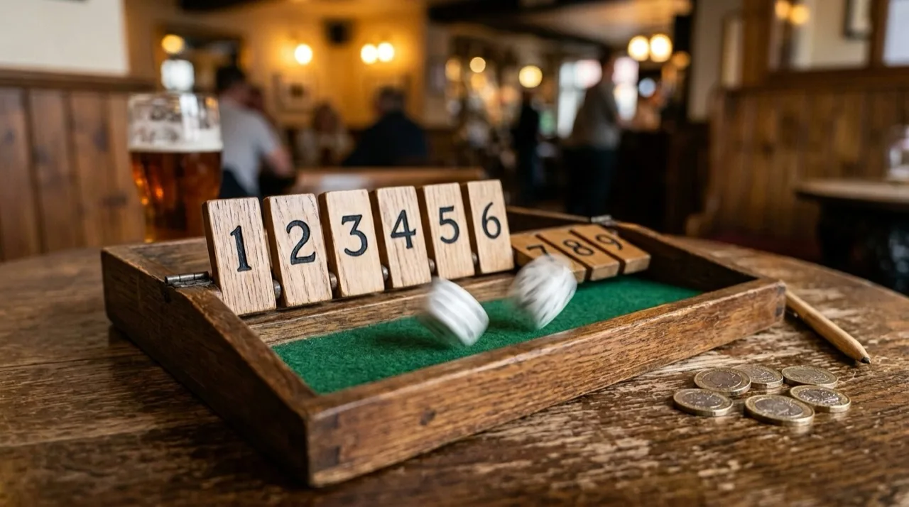 A wooden Shut the Box game on a pub table with tiles 1 to 6 still standing, tiles 7, 8 and 9 shut, and two dice rolling across the green baize