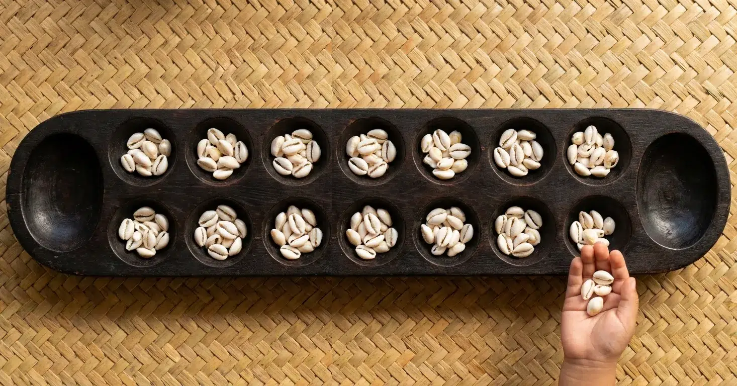 A wooden sungka board on a woven mat, seen from above: two rows of seven holes filled with cowrie shells, an empty store at each end, and a child holding shells