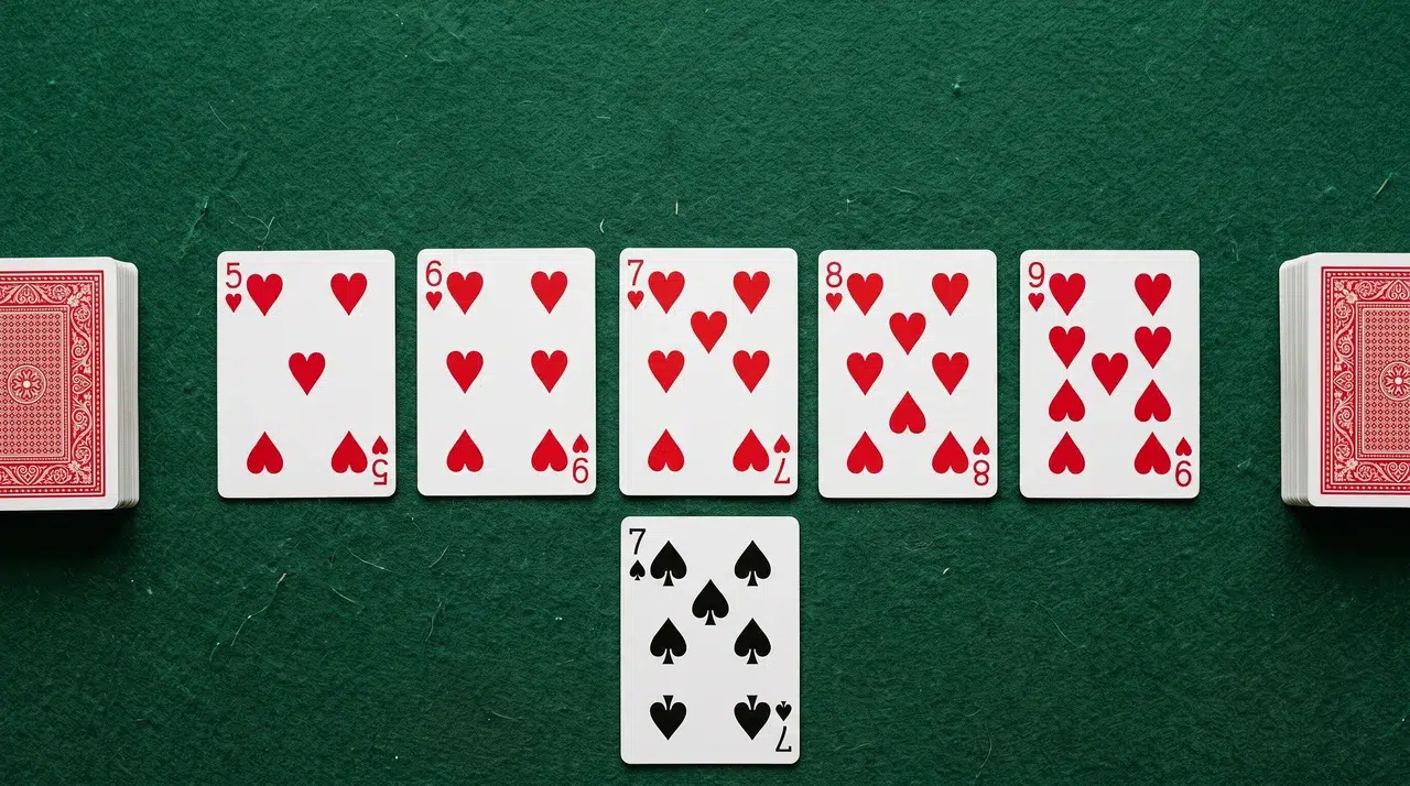 A game of Sevens on green felt: a row of hearts from the five to the nine built out either side of the seven of hearts, with the seven of spades below it starting a new row, and face-down stacks at each side