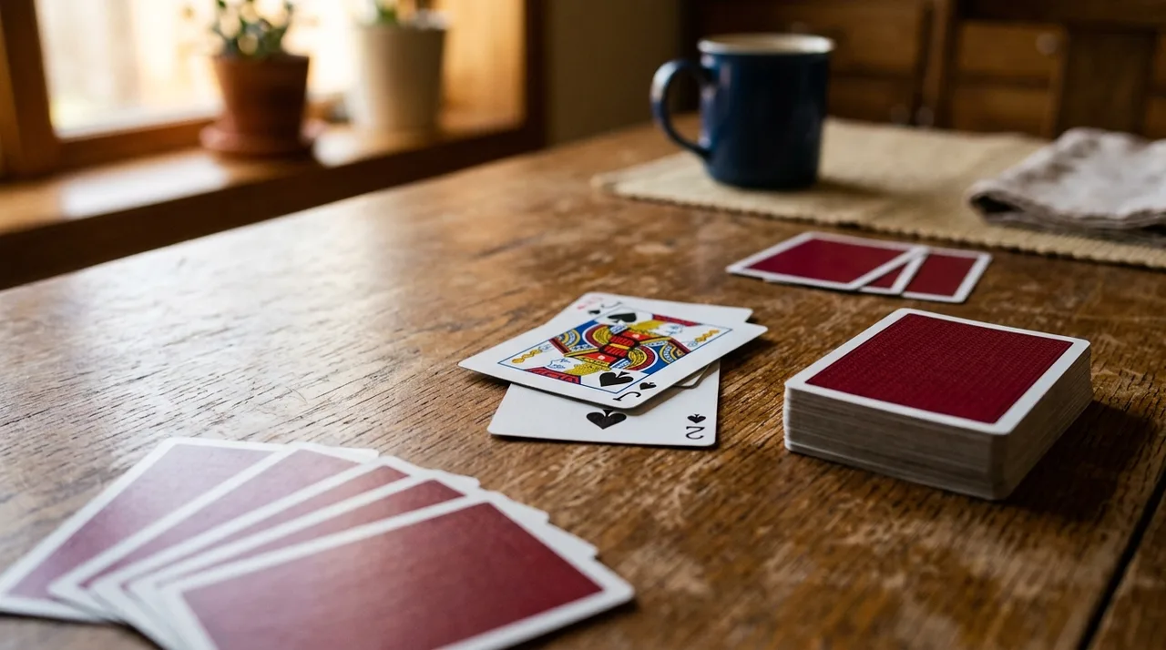 A game of Switch on a kitchen table: the Jack of Spades played on top of the Two of Spades on the discard pile, next to the face-down draw pile and a fanned hand of cards