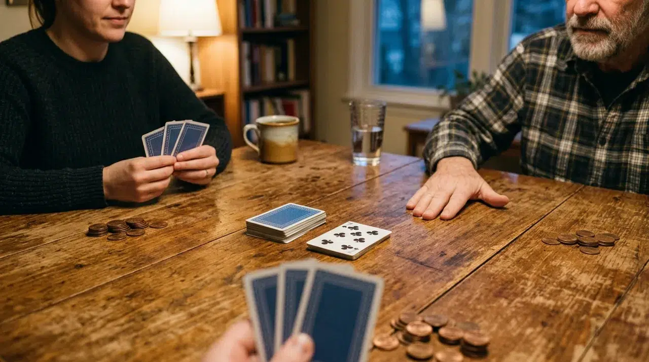 A game of 31 at a wooden table: three players hold three cards each, the draw pile sits face down next to a discard pile showing the 7 of clubs, small stacks of pennies count each player's lives, and one player lays a hand flat on the table to knock