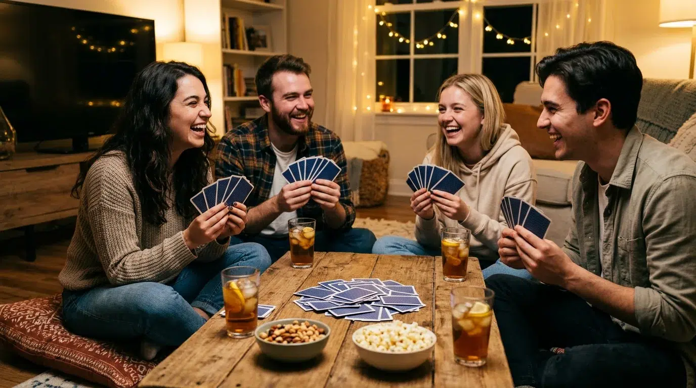 Four friends laughing as they play Tien Len around a low wooden table, each holding a fan of cards, with played cards in the middle