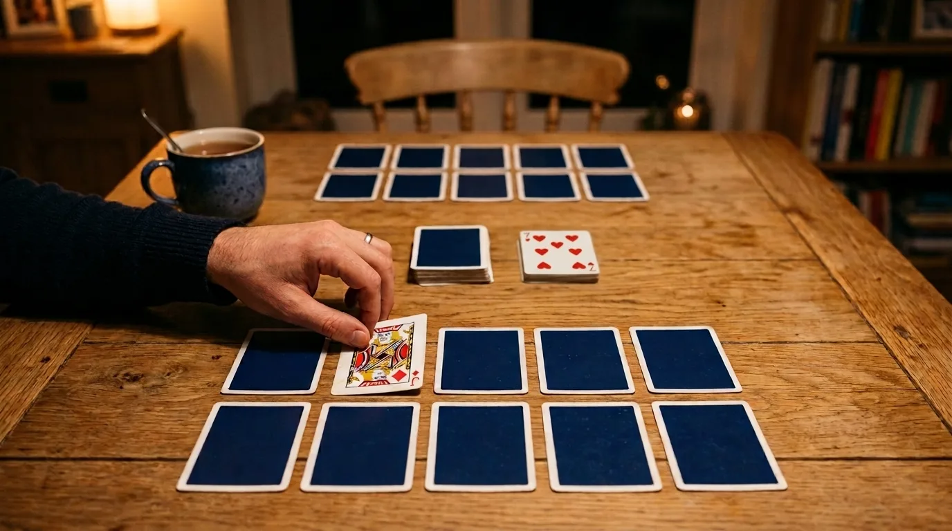 Two players at a kitchen table playing Trash, each with a layout of ten cards in two rows of five; one player turns over a face-down card while the draw pile and a discard pile sit between them