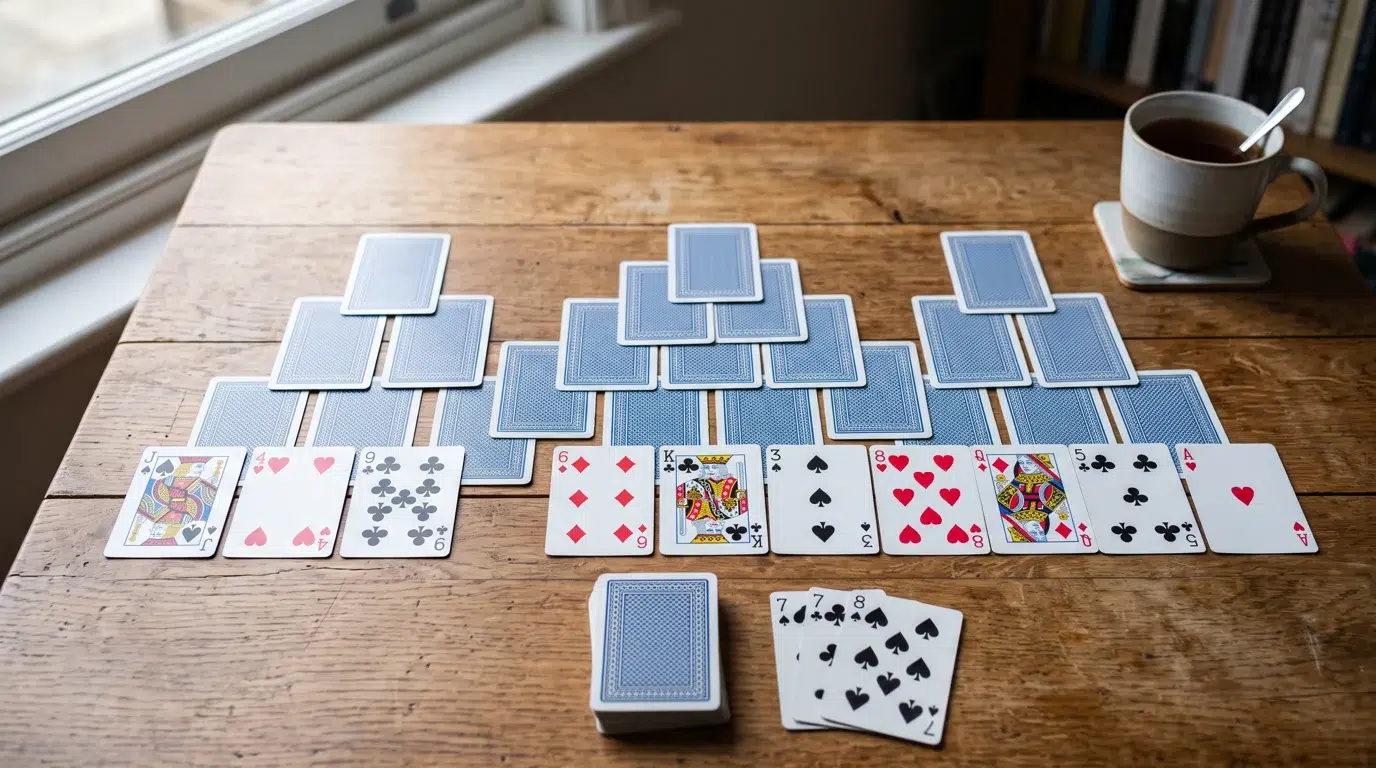 A game of TriPeaks solitaire on a wooden table: three peaks of face-down cards over a row of face-up cards, with the stock and waste pile in front and a mug of tea