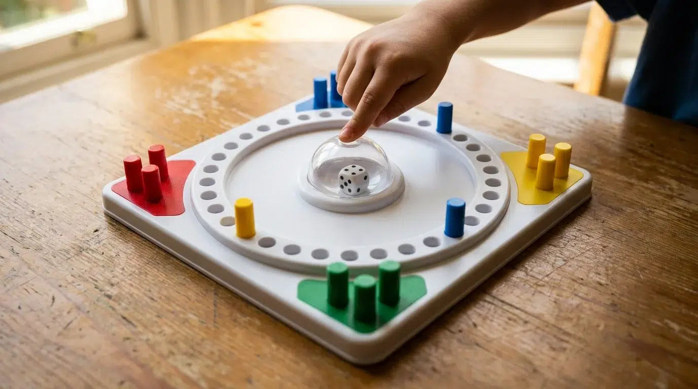 A Trouble-style race board game on a wooden table: red, blue, yellow and green pegs in their corners and on the round track, and a child pressing the clear dome with the die inside
