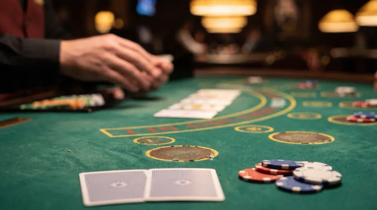 Hole cards and chips on a green casino poker table, with community cards dealt in the middle