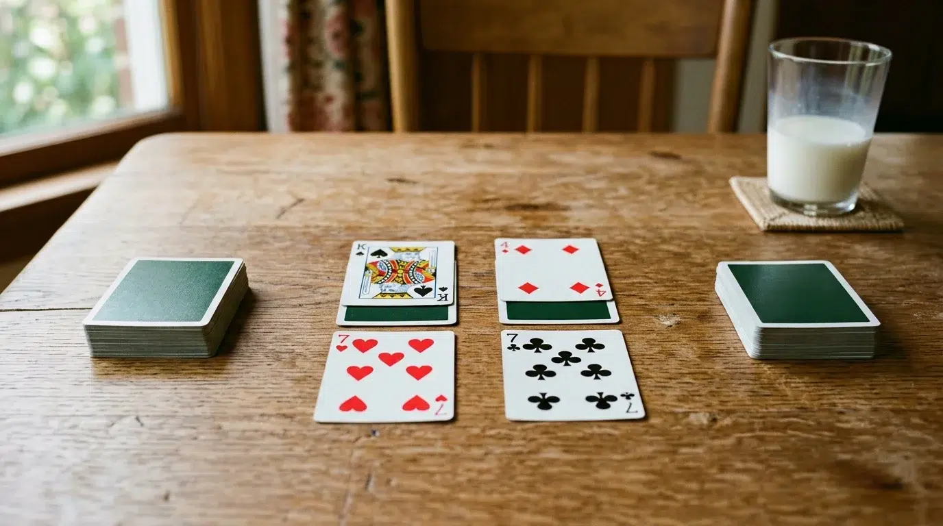 A game of War on a kitchen table: two face-down piles, two sevens tied in the middle, each covered by a face-down card, and a king beating a four on top