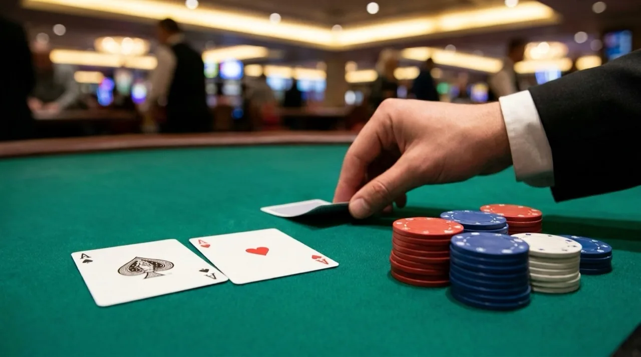 Two aces face up on a green casino table, a tie in casino war, with the dealer sliding out the next card beside stacks of chips