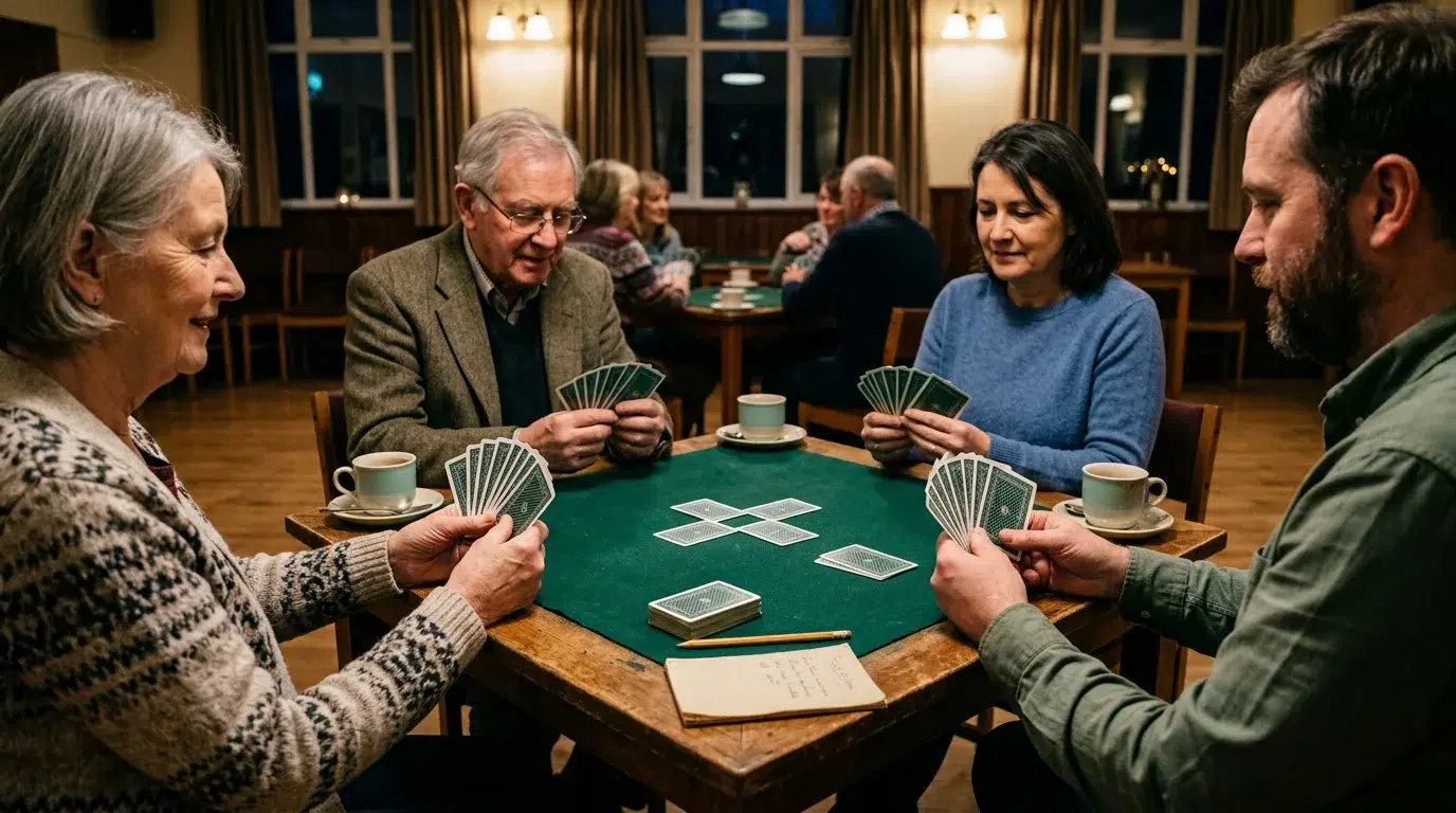 Four people playing whist in two partnerships at a green baize card table in a village hall, holding their cards, with other tables playing behind them