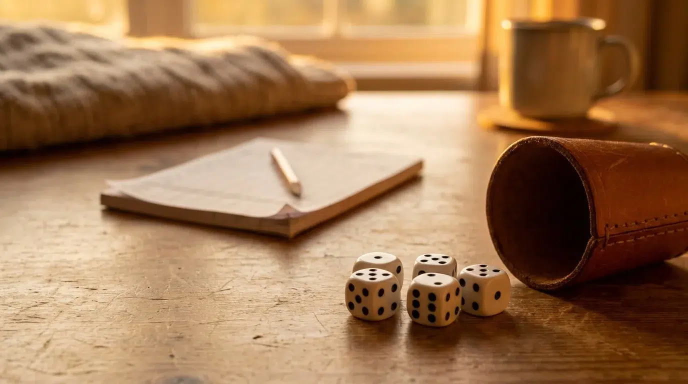 Five white dice and a leather dice cup on a wooden table, with a score pad and pencil behind them