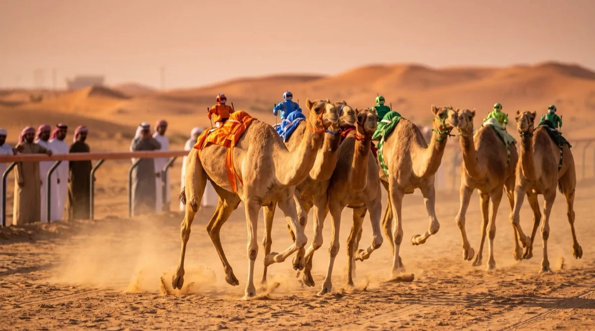 سباق هجن في الصحراء العربية مع فرسان بألوان زاهية عند الغروب