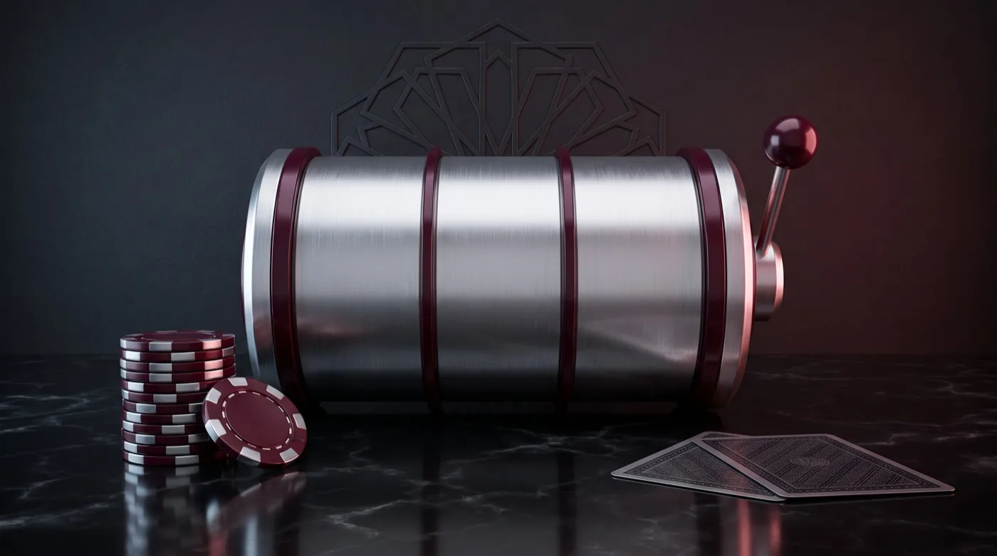 ماكينة سلوت كلاسيكية بلون البلاتين ورقائق كازينو على سطح رخامي داكن