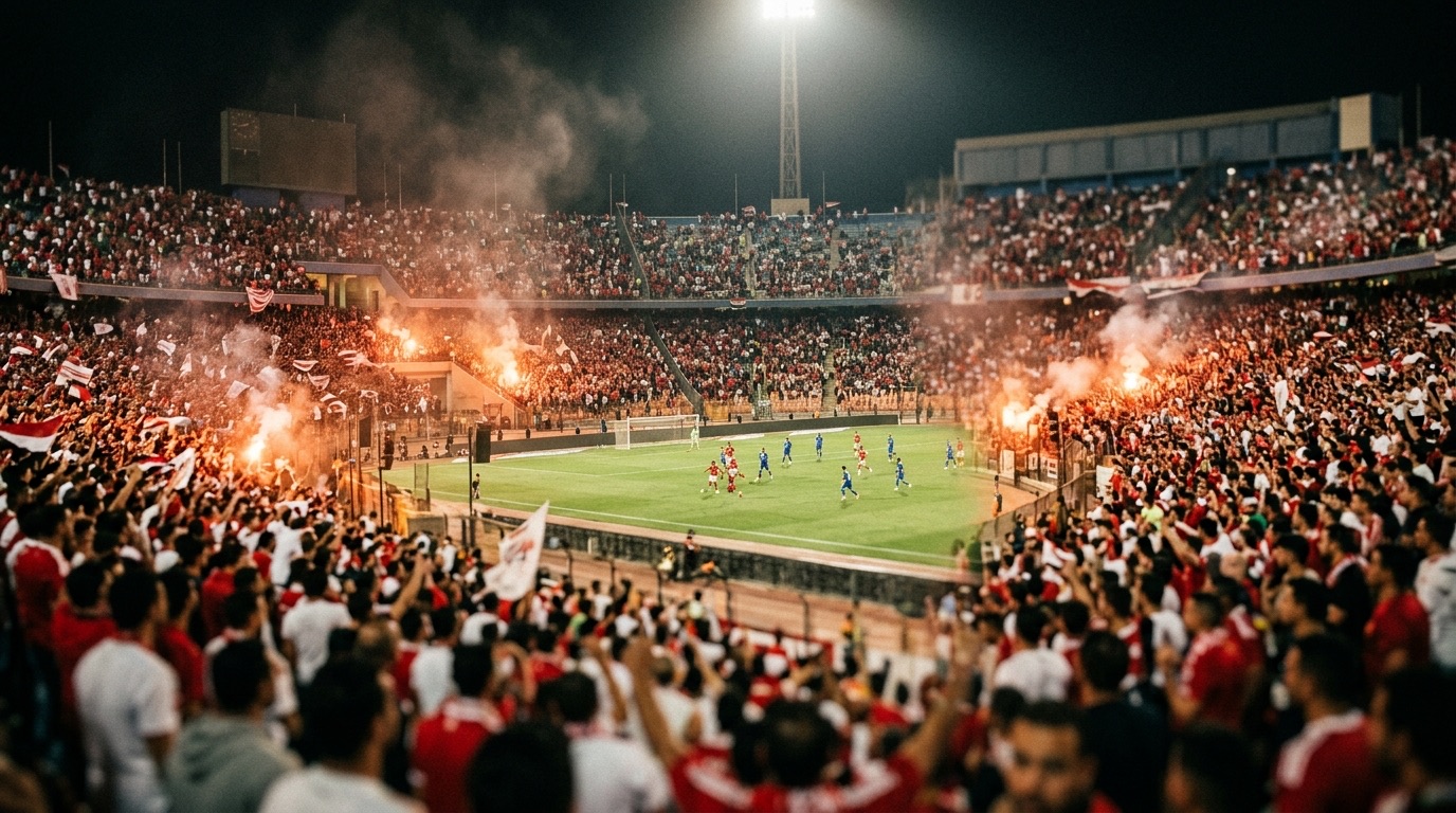 مدرجات ممتلئة في ملعب مصري ليلاً وجماهير ترتدي الأحمر والأبيض ولاعبون على أرضية الملعب