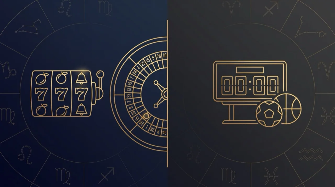 بكرات سلوت وعجلة روليت إلى جانب لوحة نتائج رياضية، ترمز إلى جمع ZodiacBet بين الكازينو والمراهنات الرياضية