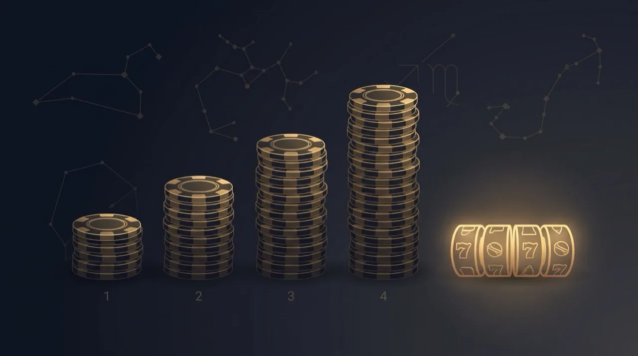 أربع كومات متصاعدة من رقاقات الكازينو ترمز إلى باقة ZodiacBet الترحيبية على أربعة إيداعات مع الدورات المجانية