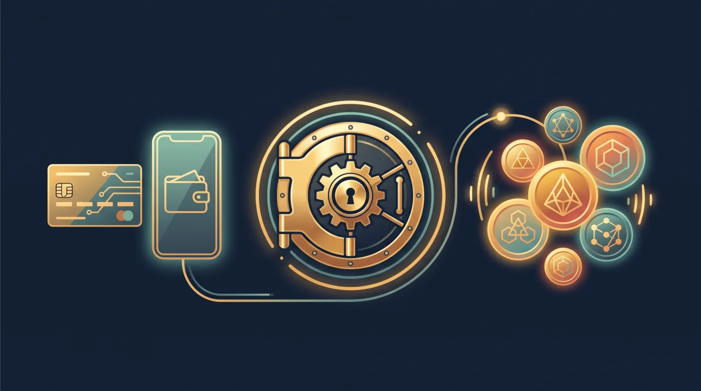 بطاقة مصرفية ومحفظة رقمية وعملات رقمية حول خزنة، ترمز إلى وسائل الإيداع والسحب في لاكي دريمز