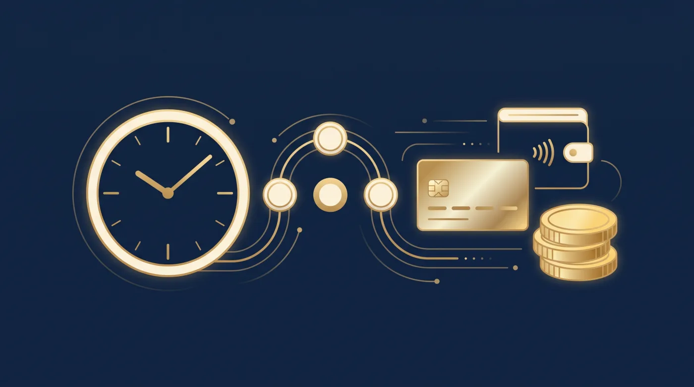 بطاقة مصرفية ومحفظة رقمية وعملات ذهبية إلى جانب ساعة، ترمز إلى مدة السحب في ZodiacBet